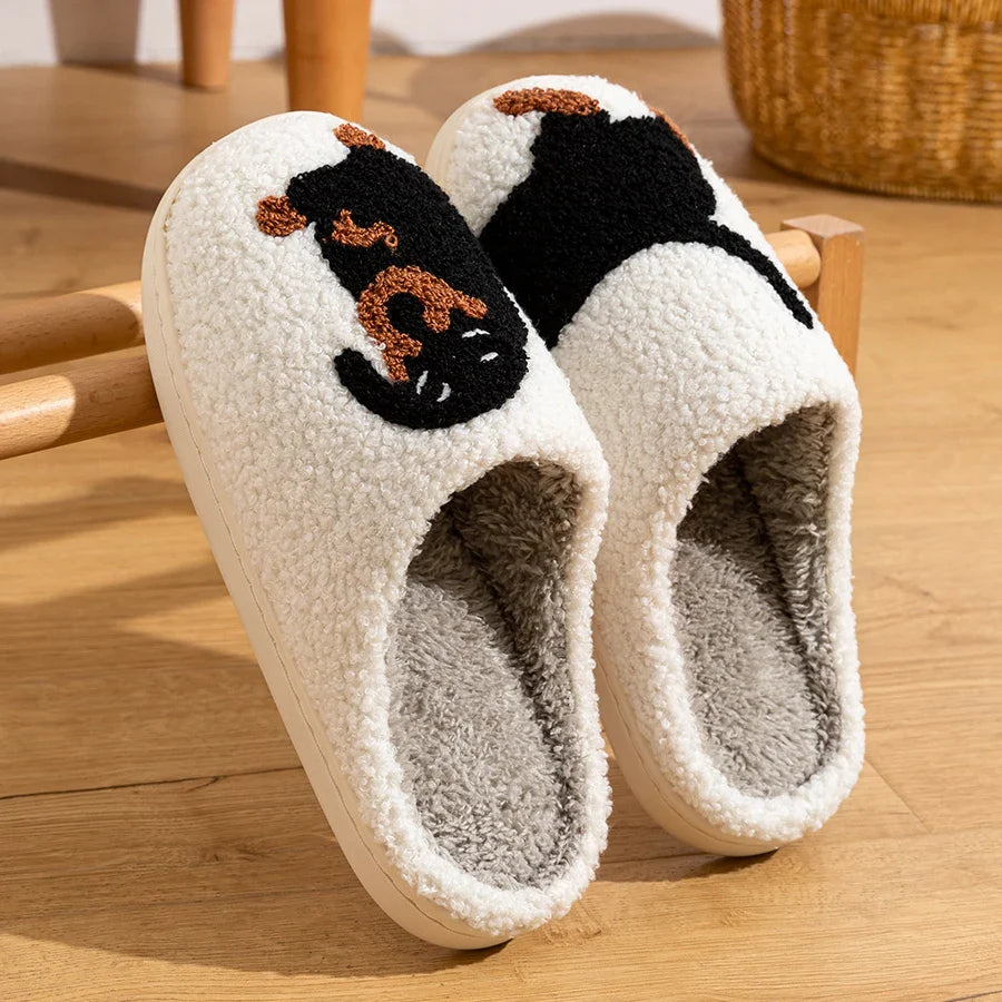 CALORA_ Winter Dames Slippers Kleine Zwarte Hond Zachte Pluche Pantoffels