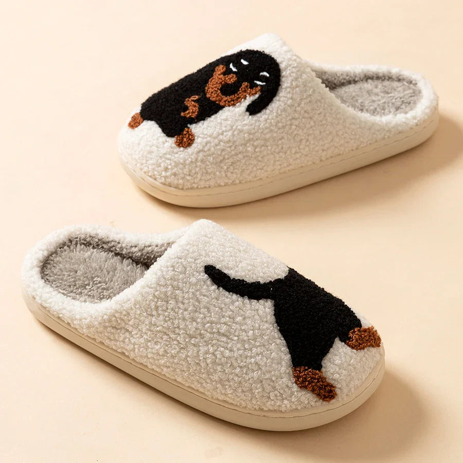 CALORA_ Winter Dames Slippers Kleine Zwarte Hond Zachte Pluche Pantoffels