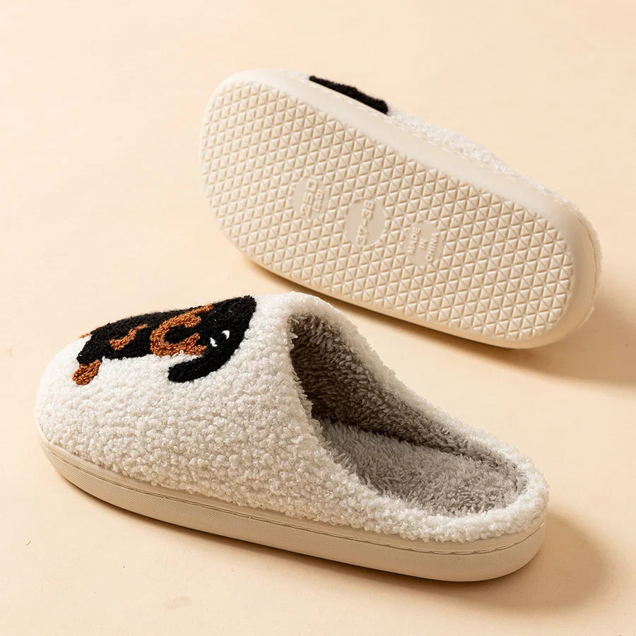 CALORA_ Winter Dames Slippers Kleine Zwarte Hond Zachte Pluche Pantoffels