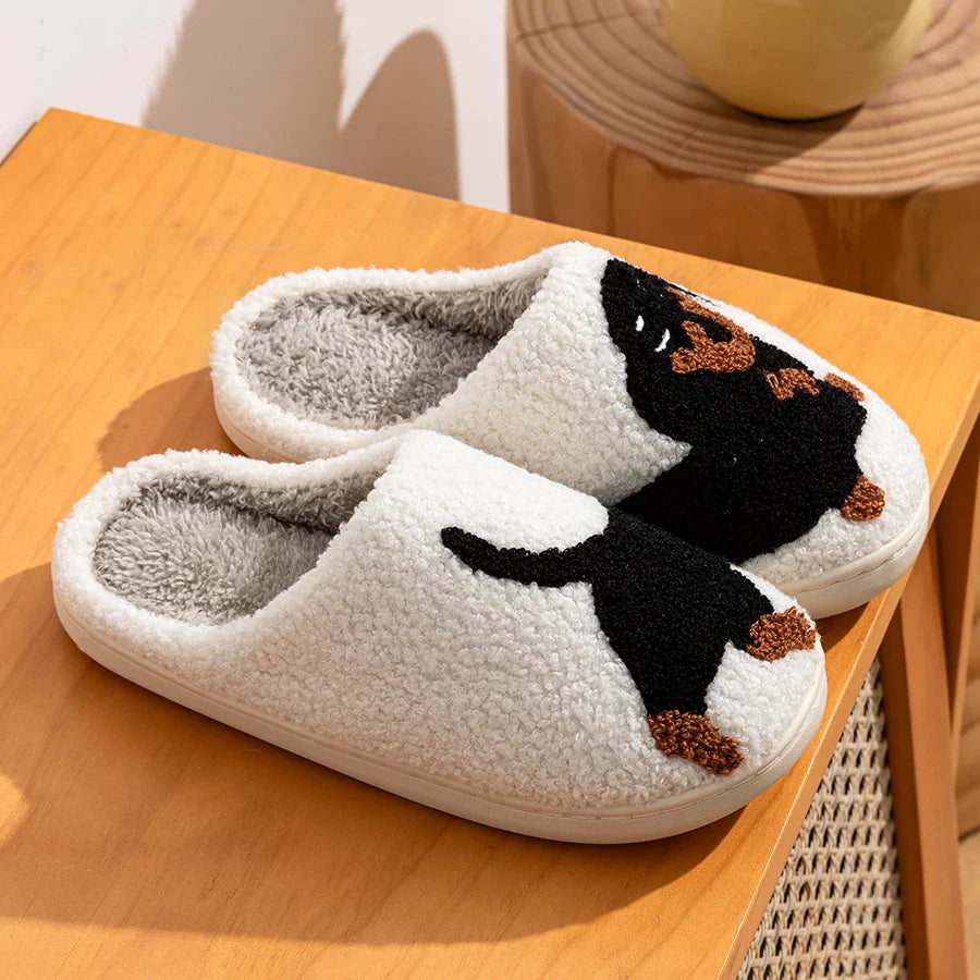 CALORA_ Winter Dames Slippers Kleine Zwarte Hond Zachte Pluche Pantoffels