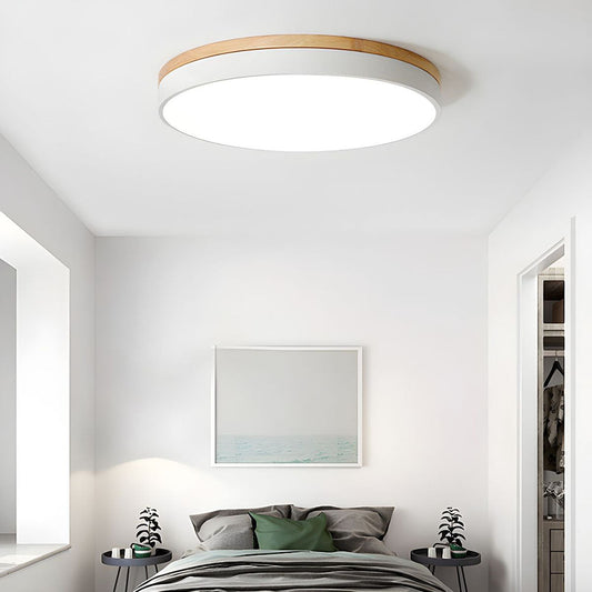 Wooden Round Shape Flush Ceiling Lights For Living Room White D30cm*H6cm（18W) White Light NALANI