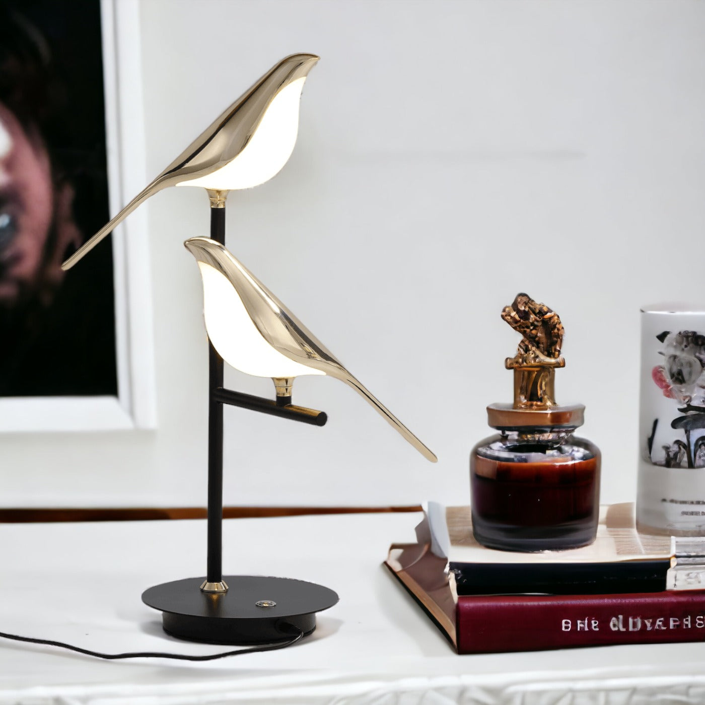 Post Modern LED Table Lamp with Stylish Golden Bird Accent Calora
