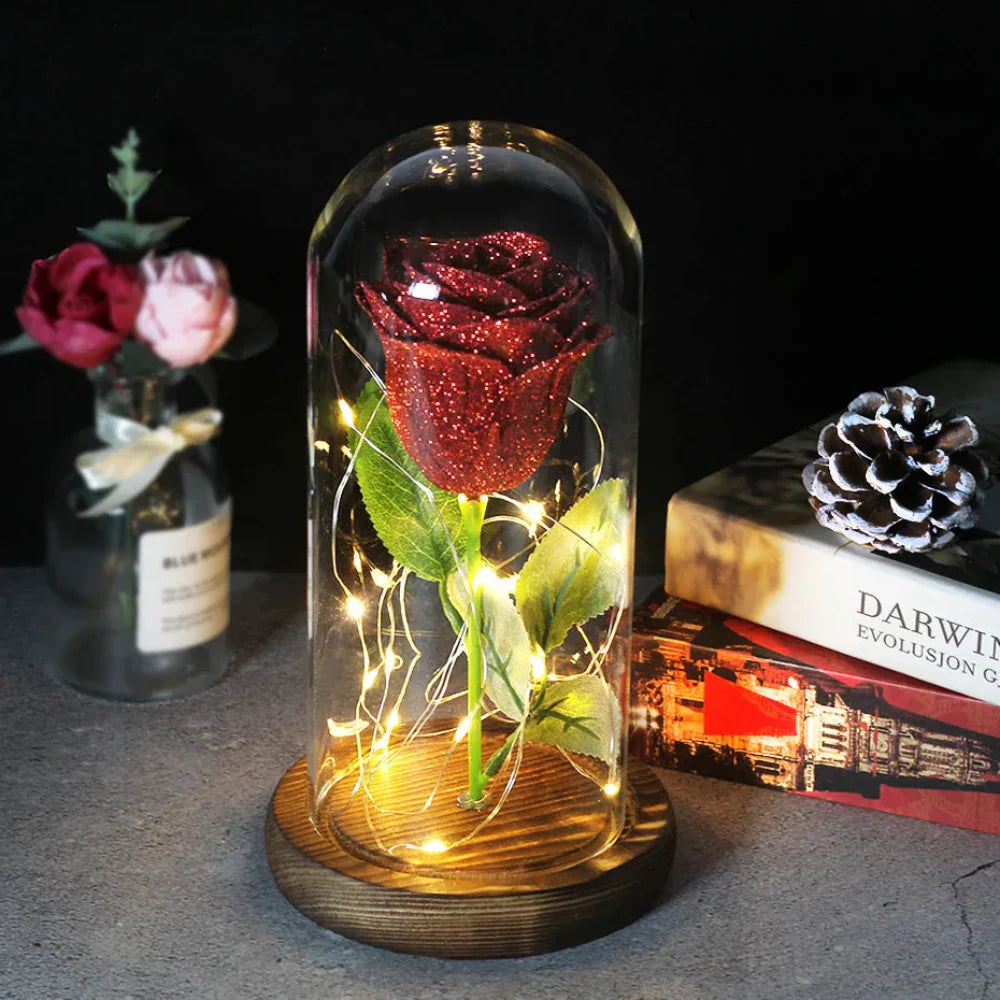 Eternal Rose In Glass Dome With LED Lights For Decor Red Glitter Dark NALANI