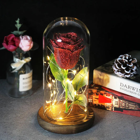 Eternal Rose In Glass Dome With LED Lights For Decor Red Glitter Dark NALANI