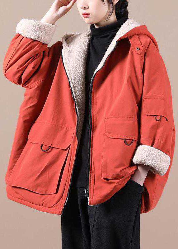 Orange Winter Parka With Hood And Zippered Pockets NALANI