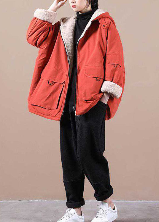 Orange Winter Parka With Hood And Zippered Pockets NALANI