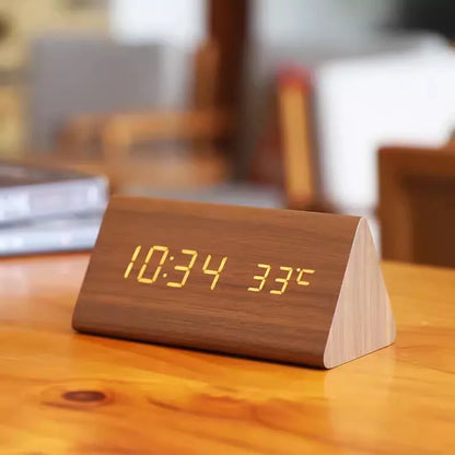 Minimalist Wooden Alarm Clock with LED Display for Modern Decor Brown - Triangle Calora