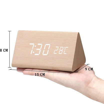 Minimalist Wooden Alarm Clock with LED Display for Modern Decor Wood - Triangle Calora