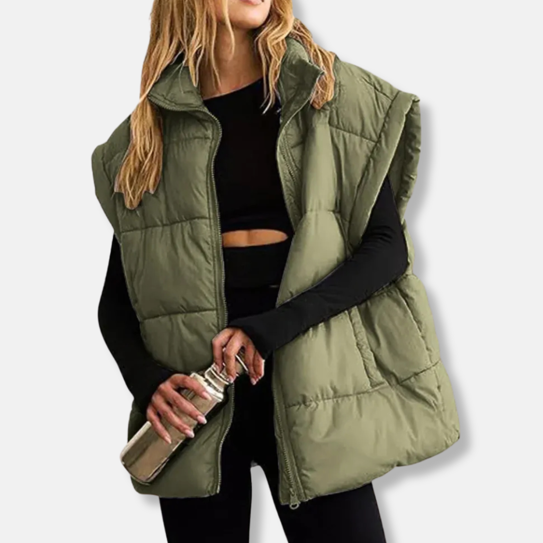 Quilted Insulated Vest For Women High Stand Collar Hip Length