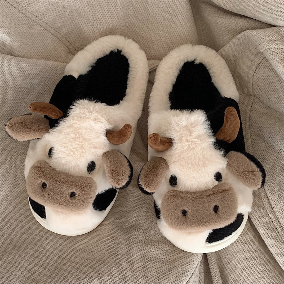 Fluffy Animal Slippers For Home All Ages Non Slip Sole Cow NALANI