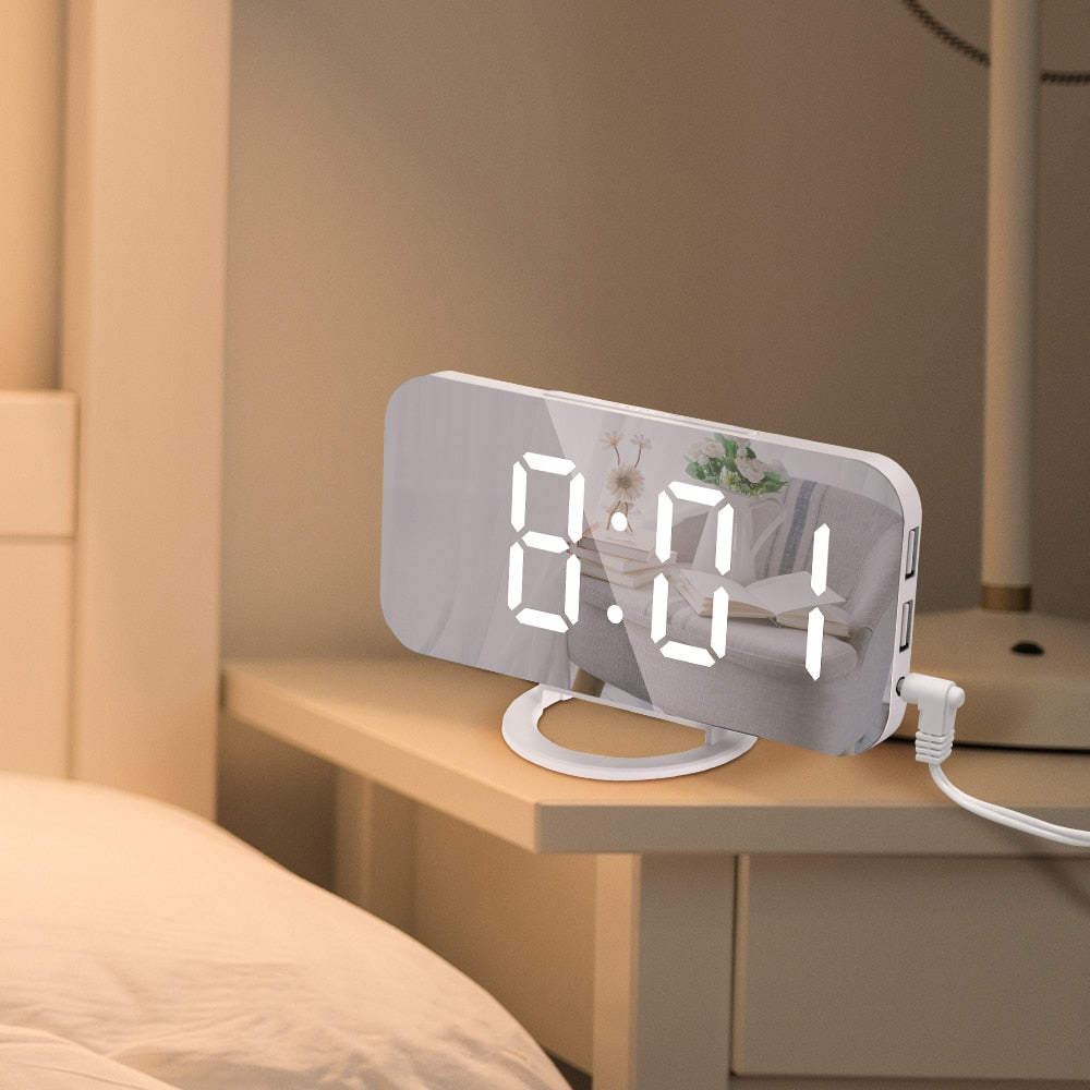 Mirrored LED Digital Alarm Clock with USB Ports and Memory Feature NALANI