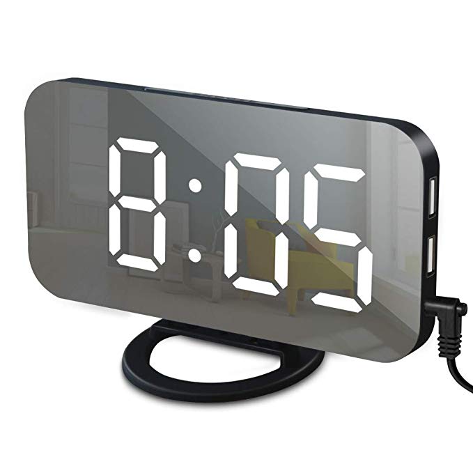 Mirrored LED Digital Alarm Clock with USB Ports and Memory Feature Black NALANI