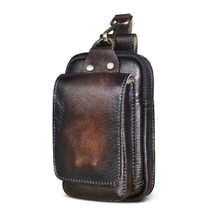 Real Leather Mens Waist Bag With Zipper Front Pocket Dark coffee NALANI