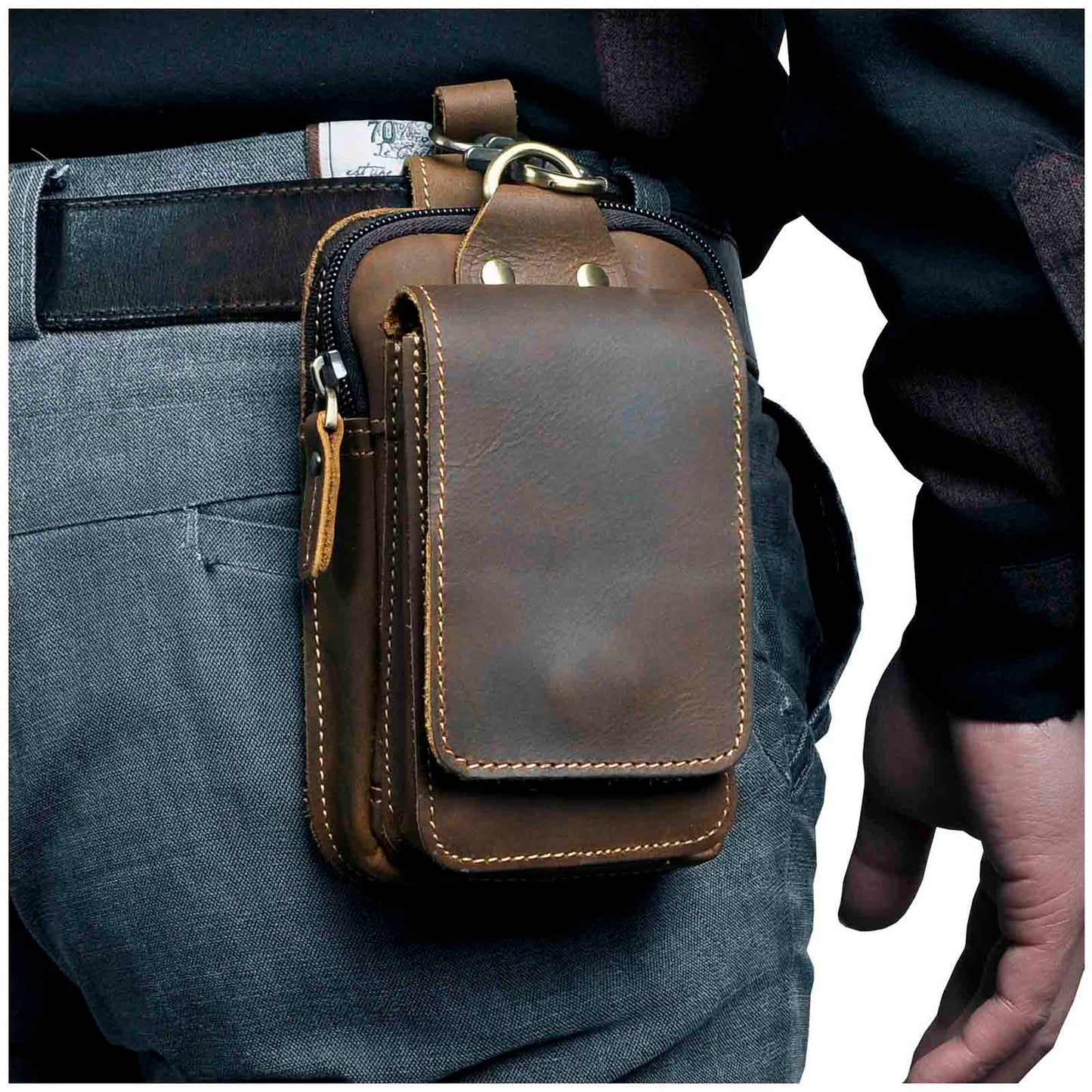 Real Leather Mens Waist Bag With Zipper Front Pocket Dark brown NALANI