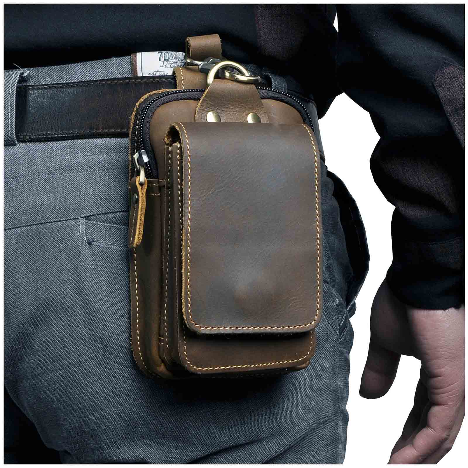 Real Leather Mens Waist Bag With Zipper Front Pocket Dark brown NALANI