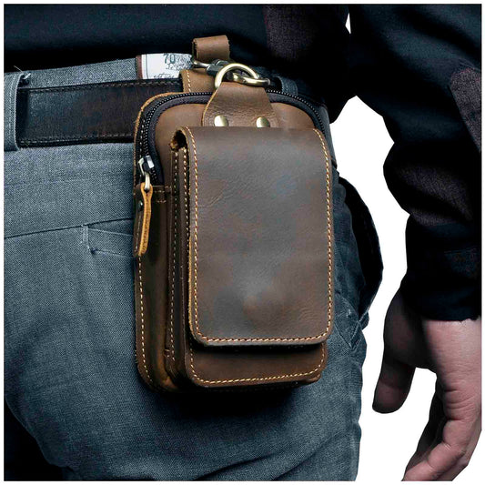 Real Leather Mens Waist Bag With Zipper Front Pocket Dark brown NALANI