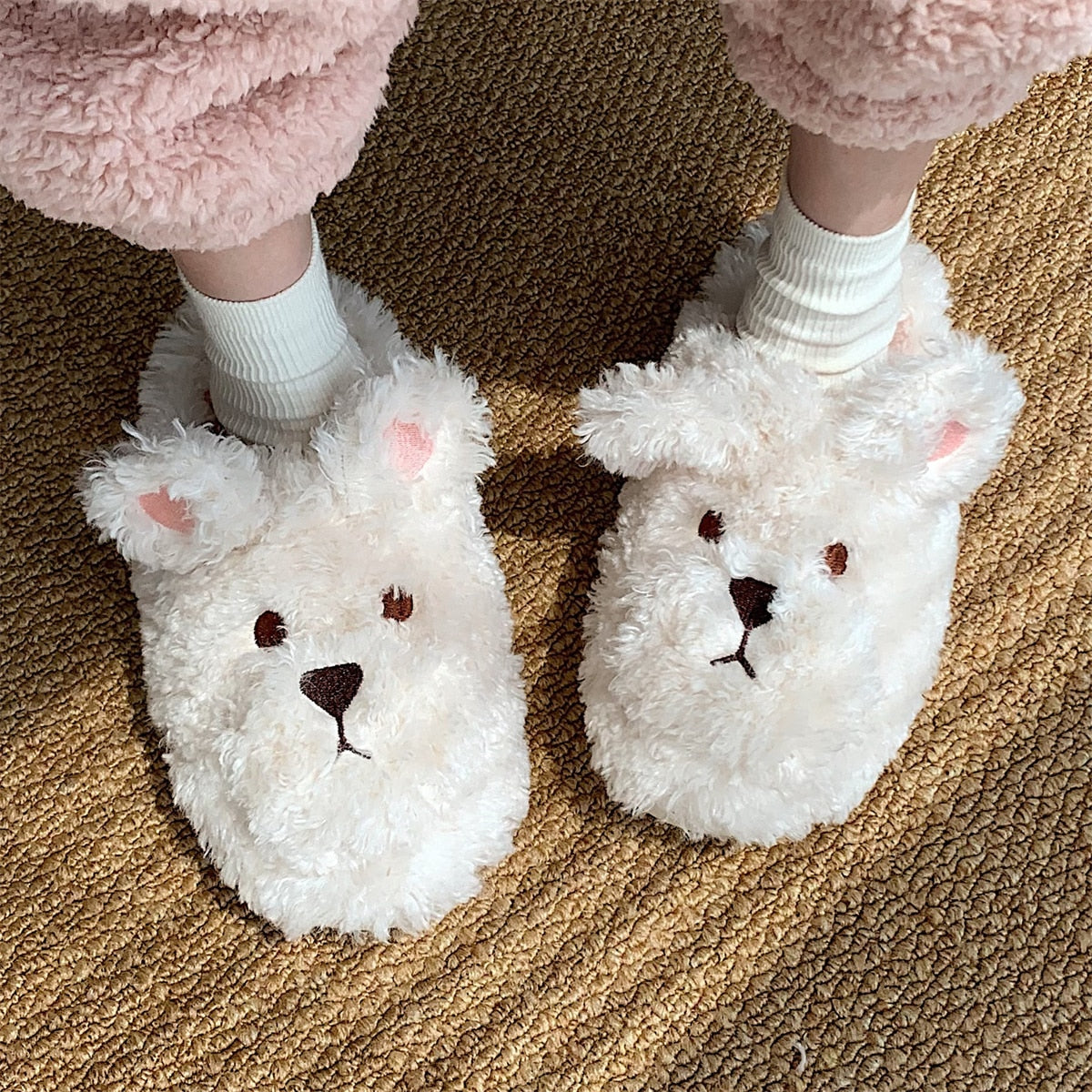 Fluffy Animal Slippers For Home All Ages Non Slip Sole White Bear NALANI