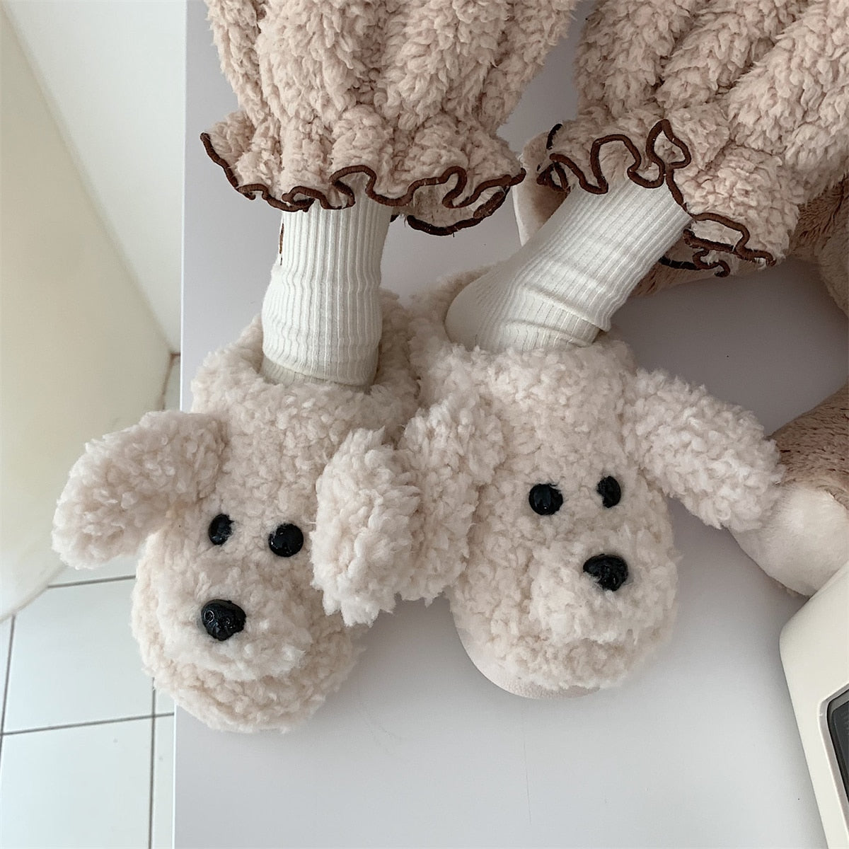 Fluffy Animal Slippers For Home All Ages Non Slip Sole Grey Dog NALANI