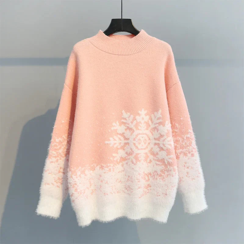 Women Christmas Snowflake Sweater Crew Neck Cozy Winter Knit-Blazers & Vesten-Calora-Pink-S-NaLani