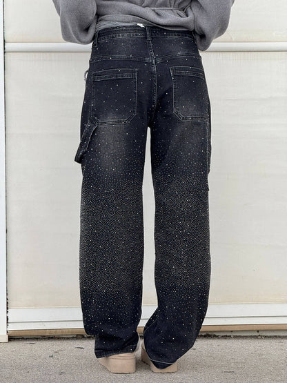Women’s Blue Black Baggy Jeans – Balloon Fit – Sparkling Embellished Details – Full Length Denim