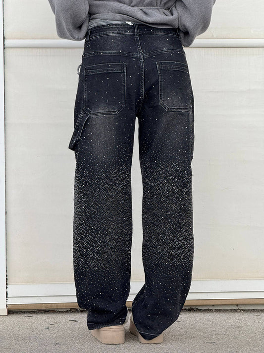 Women’s Blue Black Baggy Jeans – Balloon Fit – Sparkling Embellished Details – Full Length Denim
