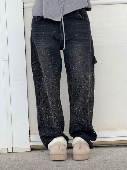 Women’s Blue Black Baggy Jeans – Balloon Fit – Sparkling Embellished Details – Full Length Denim