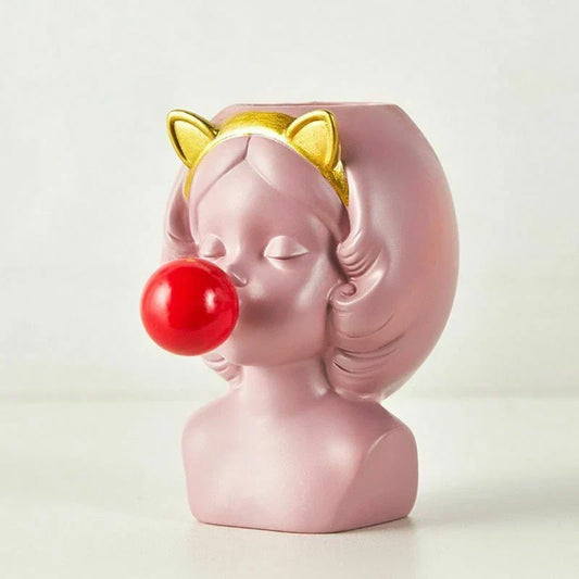 Cute Bubblegum Girl Ceramic Face Vase for Whimsical Home Decor Pink with Cat Ears NALANI