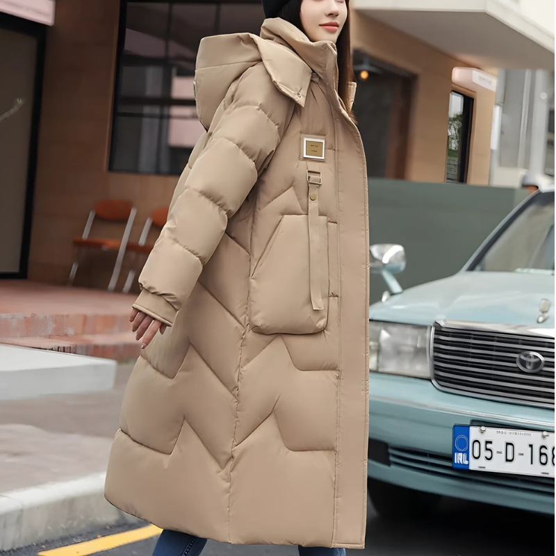Women’s Long Trench Coat – Oversized Relaxed Fit – Quilted Padded – Hooded – High Collar