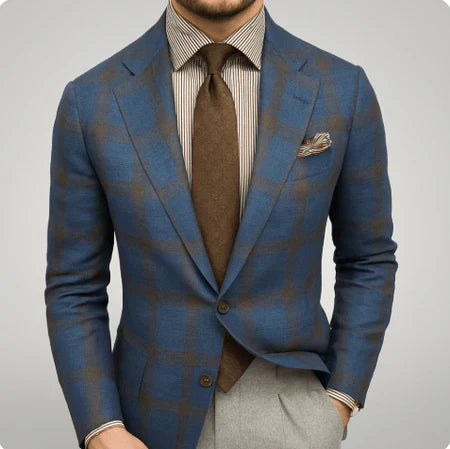 Men's Tailored Blazer With Blue Check Pattern Formal Suit Jacket