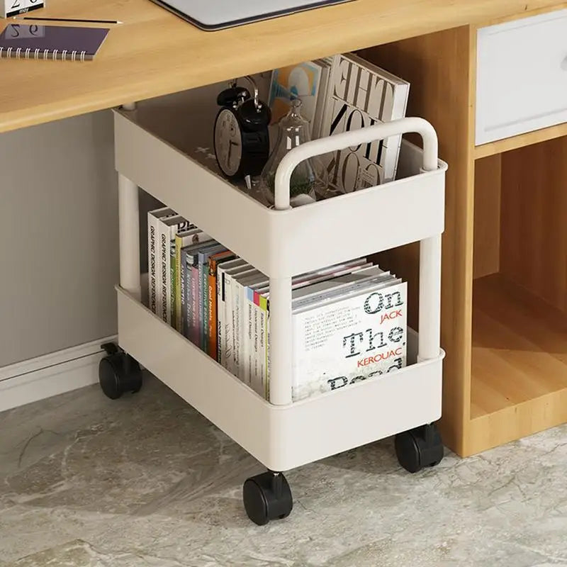 Mobile Rolling Bookshelf Cart With Wheels Two Tier Storage White 2 layers NALANI