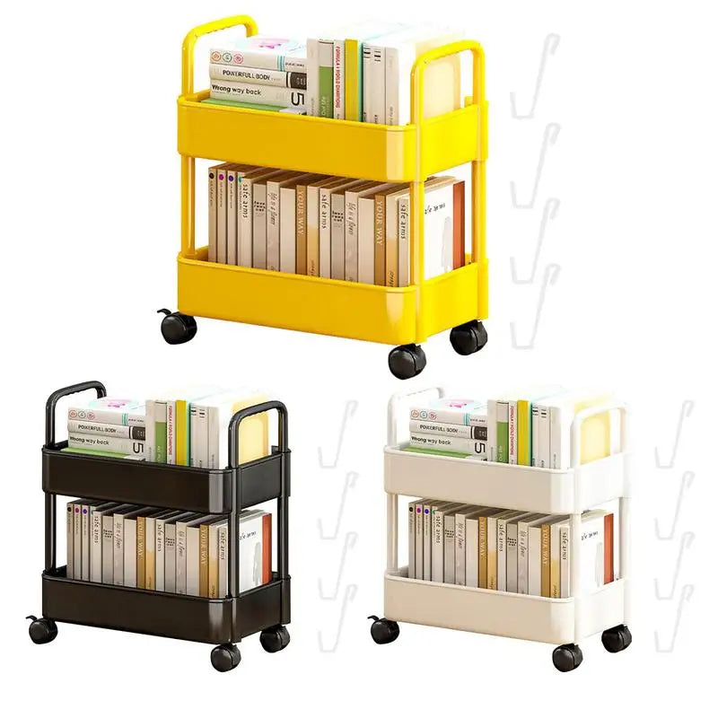 Mobile Rolling Bookshelf Cart With Wheels Two Tier Storage Yellow 2 layers NALANI