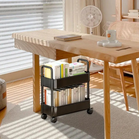 Mobile Rolling Bookshelf Cart With Wheels Two Tier Storage Black 2 layers NALANI