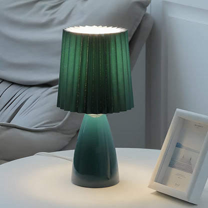 12 Inch Pleated Fabric Table Lamp with Glass Base and USB Dimmable Light Green NALANI