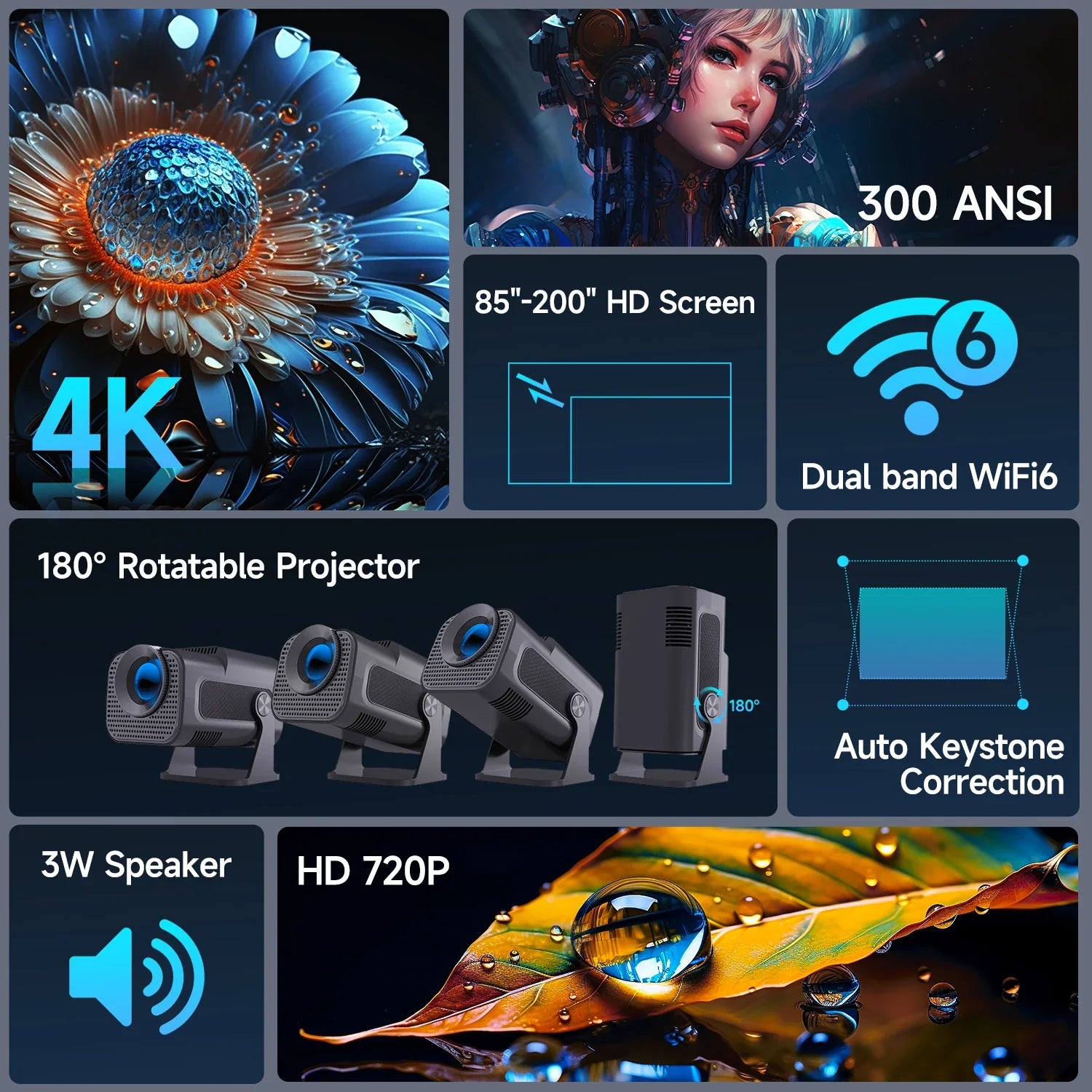 4K WiFi Mini Projector With 180 Degree Swivel Portable NALANI