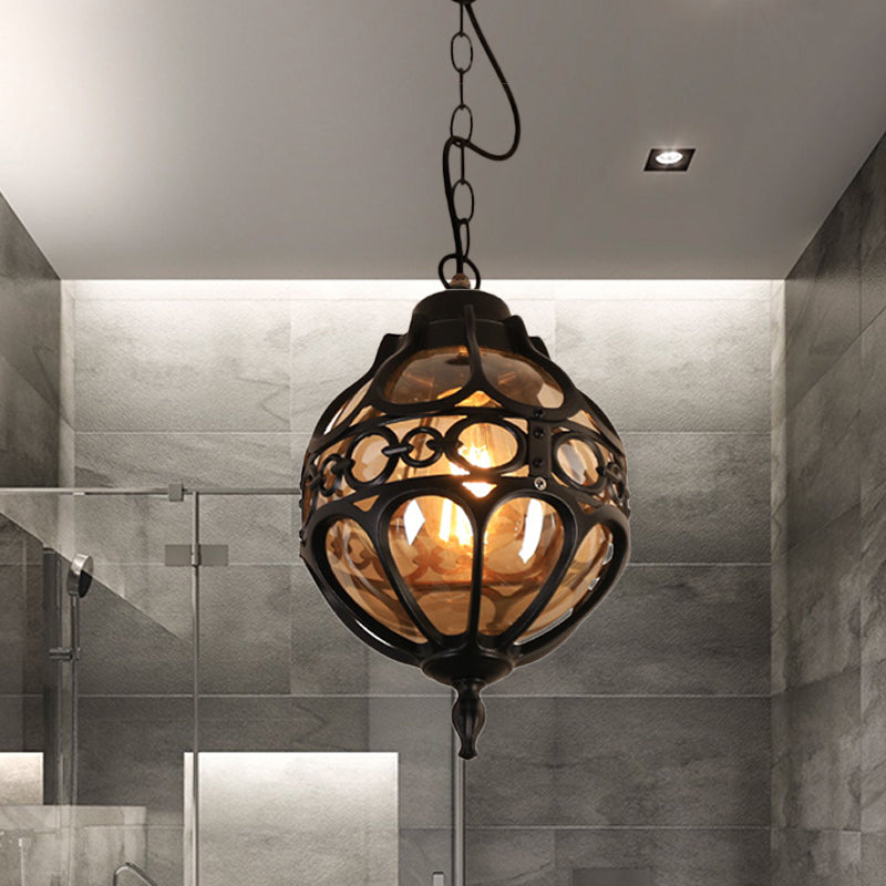 Amber Glass Round Hanging Light Farmhouse Ceiling Pendant Black NALANI
