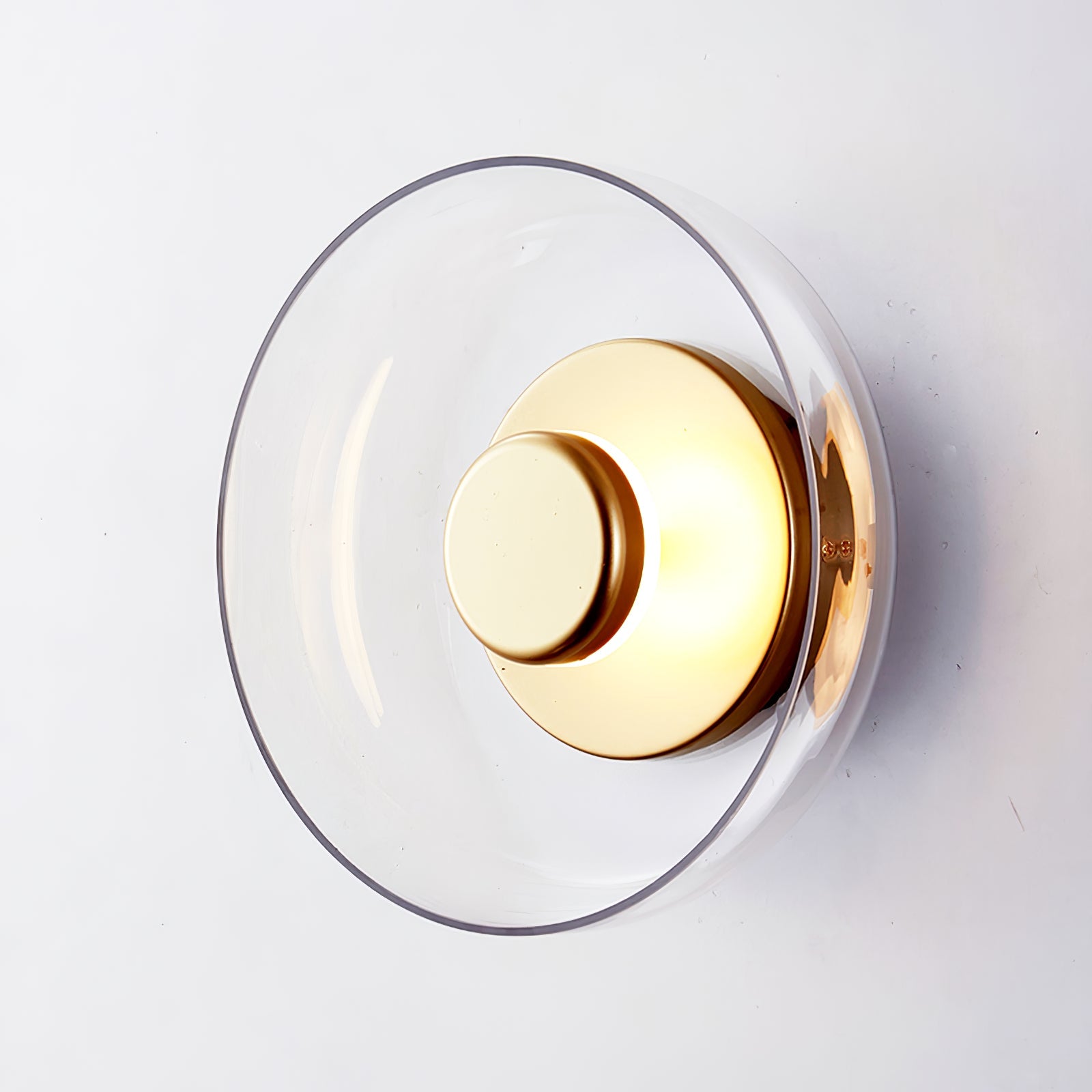 Ambient LED Wall Light With Glass And Brass Screen ∅ 3.9″ x H 9″ Dia 10cm x H 23cm Brass & Clear glass NALANI