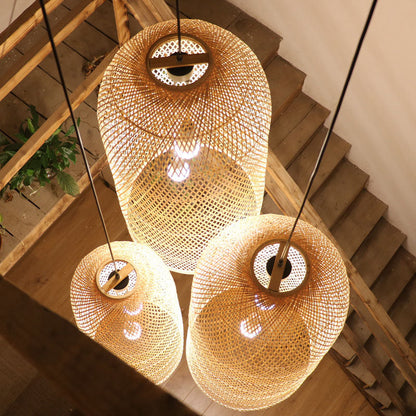 Bamboo Pendant Chandelier Asian Wood Living Room Two Lights Wood NALANI