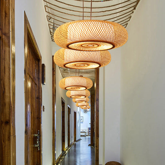 Beige Round Bamboo Pendant Light 3 Light Fixture Ceiling NALANI