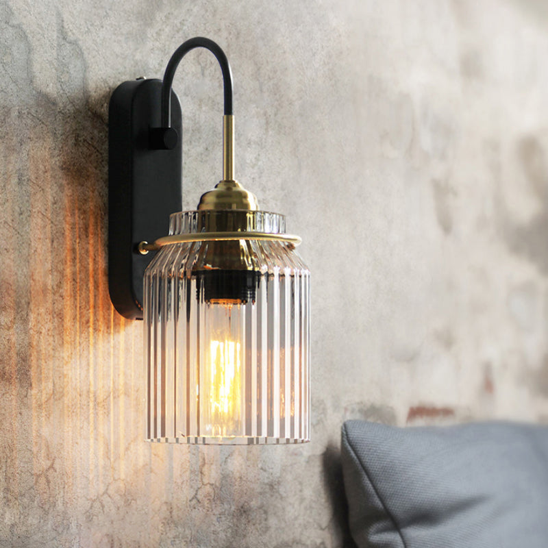 Black Farmhouse Bedside Sconce Prismatic Glass Can Shade Black NALANI