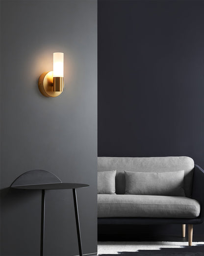 Brass LED Wall Lamp With Glass Cylinder Shade Diffused Glow NALANI