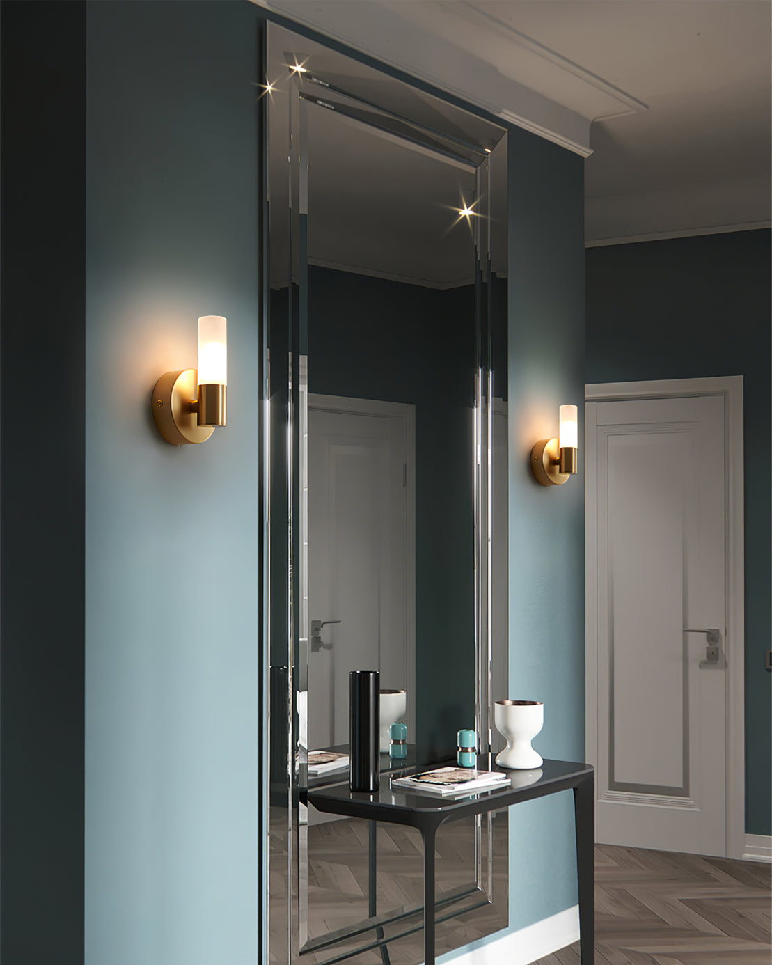 Brass LED Wall Lamp With Glass Cylinder Shade Diffused Glow NALANI