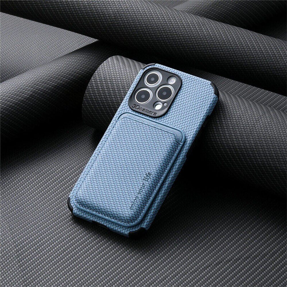 Carbon Fiber Wallet Case For Smartphone Magnetic Slim Carbon Blue NALANI