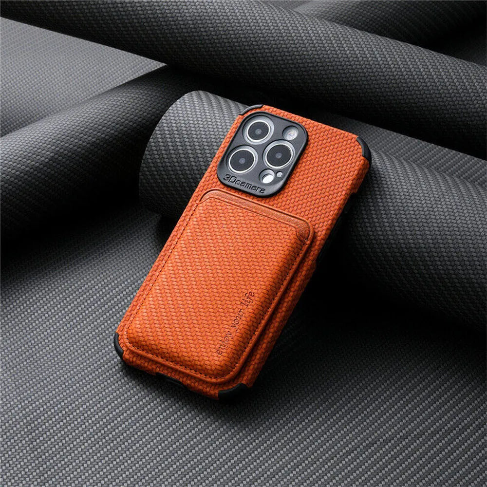 Carbon Fiber Wallet Case For Smartphone Magnetic Slim Carbon Orange NALANI