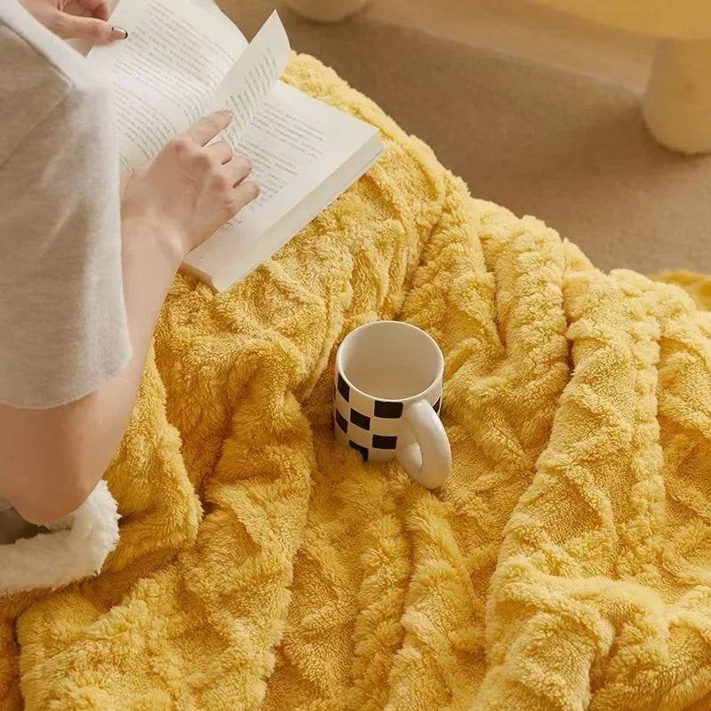 Cozy Winter Lambswool Blanket Throw With Microfleece Yellow NALANI