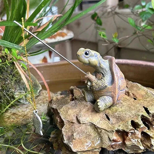 Cute Tortoise Garden Statue with Fishing Rope Decorative Ornament SEREIN