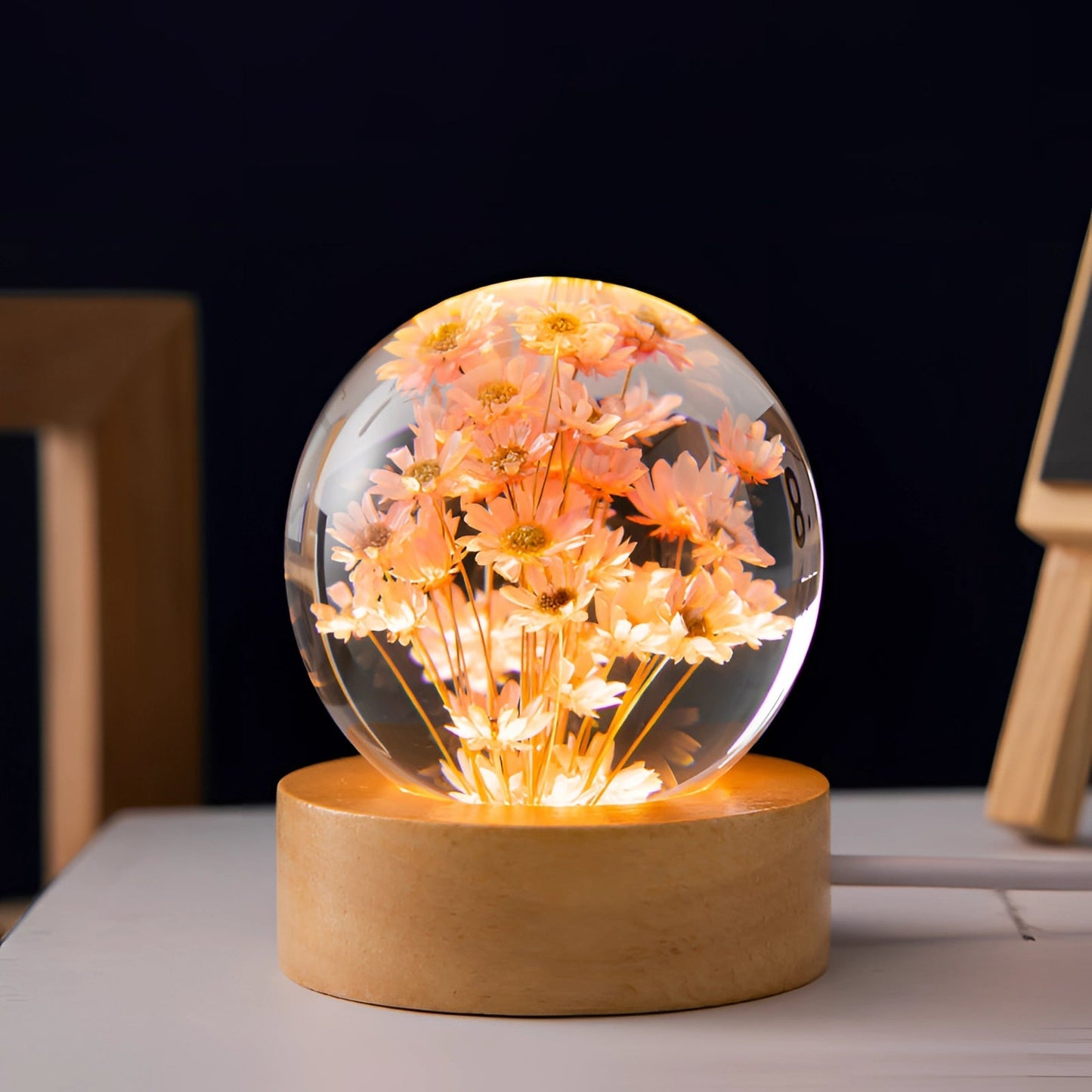 Dandelion Resin Lamp With LED Wooden Base Night Light Rode Margriet Round A NALANI