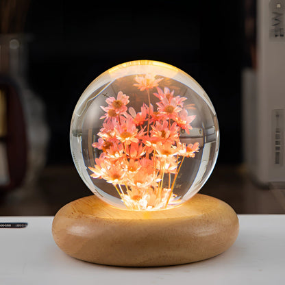 Dandelion Resin Lamp With LED Wooden Base Night Light Rode Margriet Round B NALANI