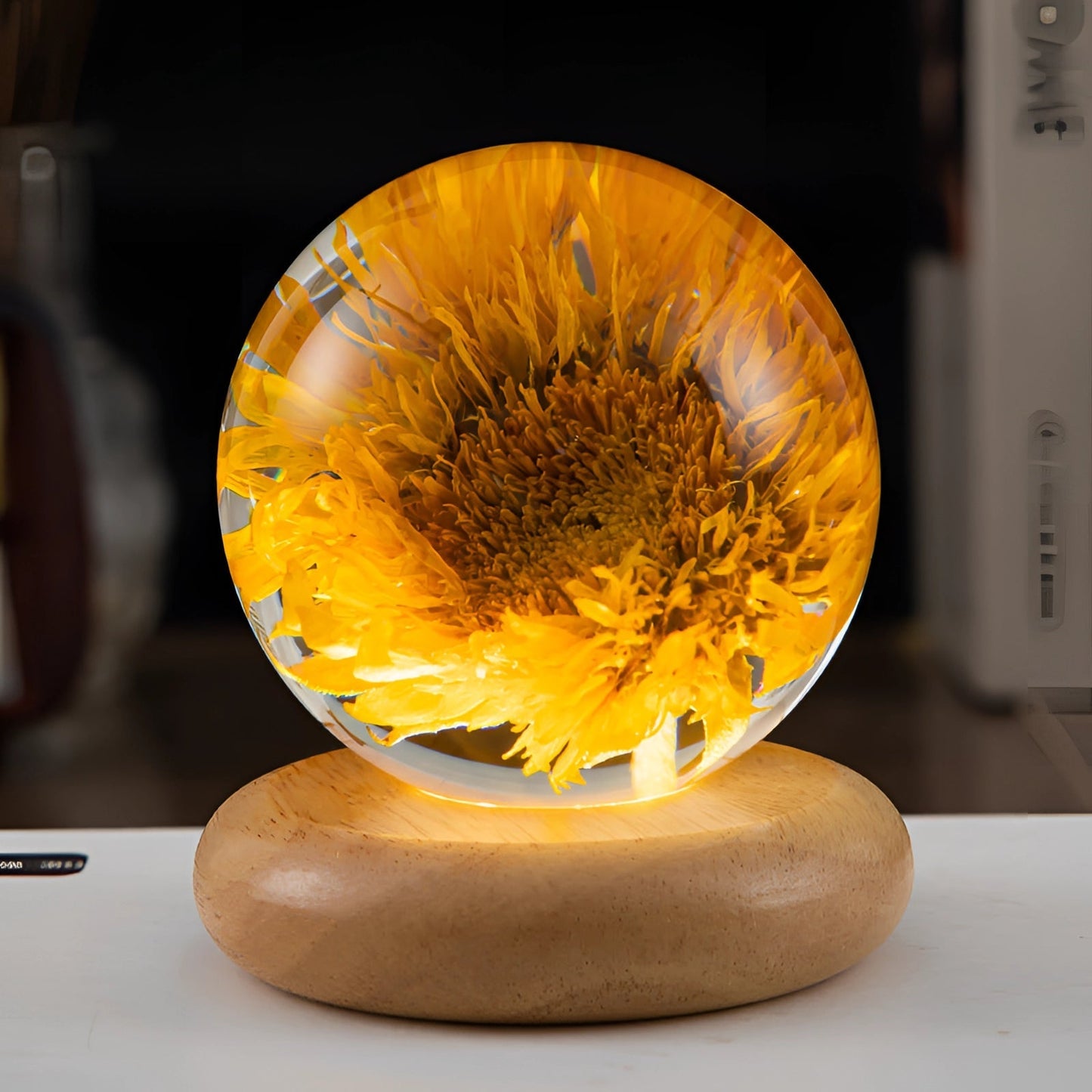 Dandelion Resin Lamp With LED Wooden Base Night Light Zonnebloem Round NALANI