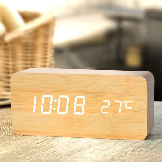 Digital Wooden Alarm Clock with LED Display and Temperature NaLani