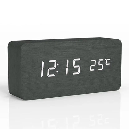 Digital Wooden Alarm Clock with LED Display and Temperature Black NaLani
